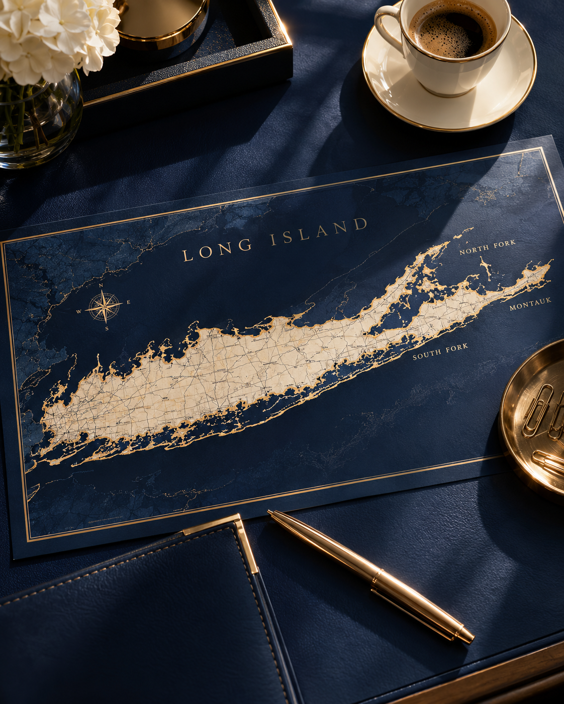 Long Island map print with an espresso cup, notebook and gold pen